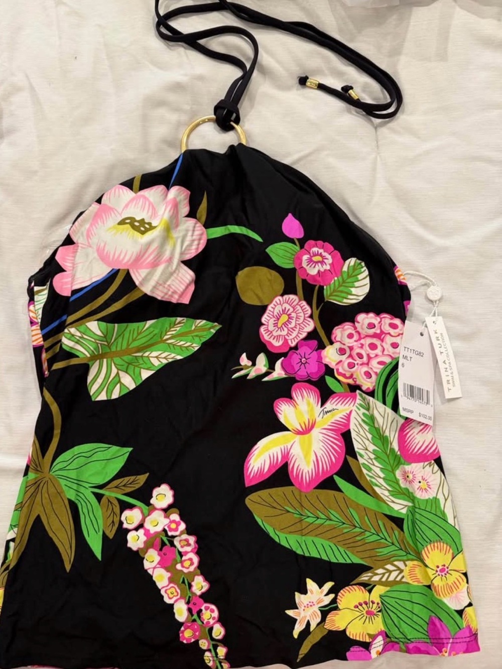 Trina Turk Black Halter One-Piece Swimsuit with Pink and Green Floral Print